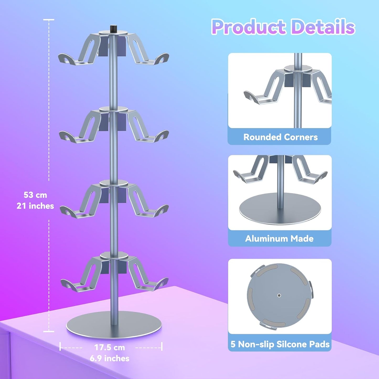 Klndcorner 4 Tiers 360 Degree Rotatable Game Controller Stand for PS5 Xbox Nintendo Switch PS4, Aluminum Alloy Headset Controller Holder for Desk, Universal Gaming Headphone Stand Organizer Rack, Grey