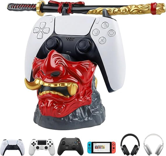 Klndcorner Gaming Controller Holder Stand Accessories: Samurai Warrior Mask Stand for PS5 Xbox Switch & Headsets, Resin Multi-Device Gaming Stand Desktop Organizer & Unique Gamer Gift