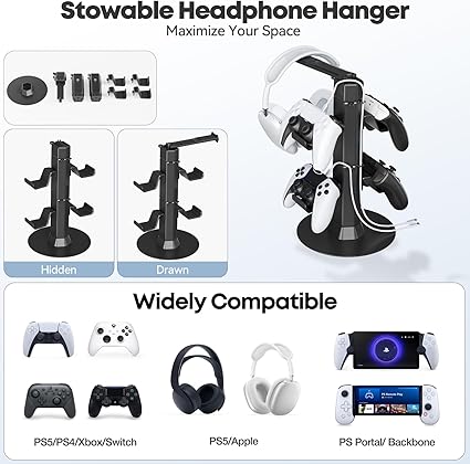 Klndcorner Gaming Controller & Headset Holder Stand for Desk, with Charger Cable Organizer Headphone Stand for PS5/ Xbox/ PS4/ Switch, Metal Base Controller Hook for Storage with 360° Rotatable Hanger- 2 Tiers