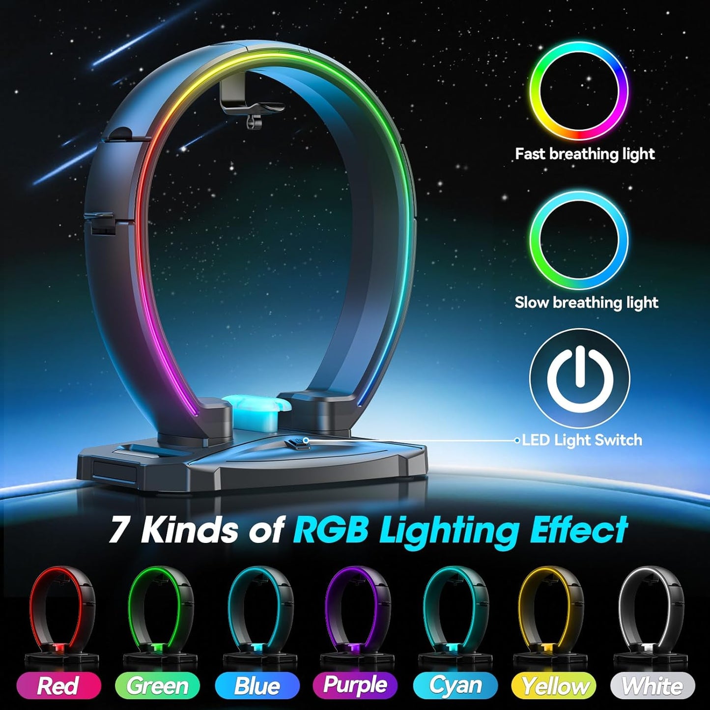 Klndcorner  RGB Headphone & Controller Stand with 9 Light Modes - Foldable Controller Hanger for Desk - Earphone Stand with Cable Organizer - for Gamers Desktop Accessories