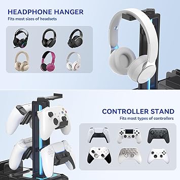 Klndcorner Headphone Stand with USB A&C Charger Ports - RGB Controller Stand with Detachable Hooks - Rotatable Headset Hanger & Device Slot for Phones/Tablets - Drawer Storage Base for Gaming Desk Organizer