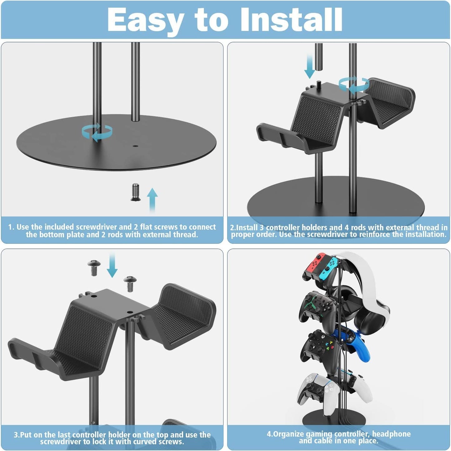 Klndcorner Controller Stand 4 Tiers with Cable Organizer for Desk, Universal Headphone Stand Compatible with Xbox PS5 PS4 Console Nintendo Switch, Headset Holder & Desk Mounts for 8 Packs Controller