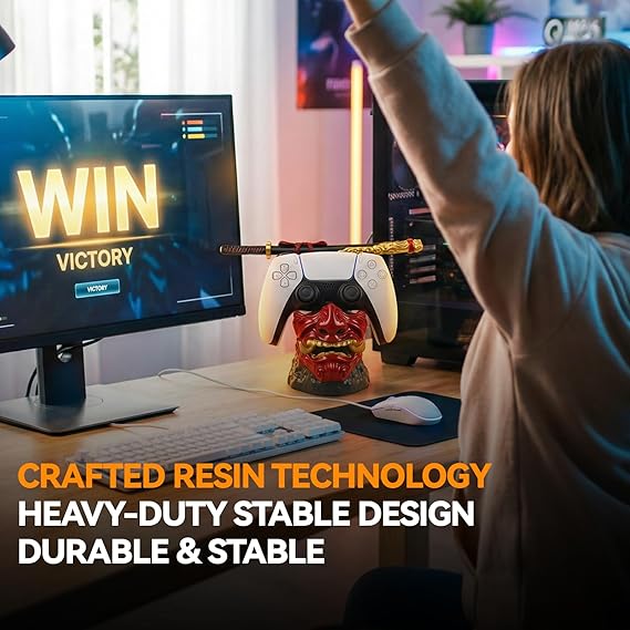 Klndcorner Gaming Controller Holder Stand Accessories: Samurai Warrior Mask Stand for PS5 Xbox Switch & Headsets, Resin Multi-Device Gaming Stand Desktop Organizer & Unique Gamer Gift
