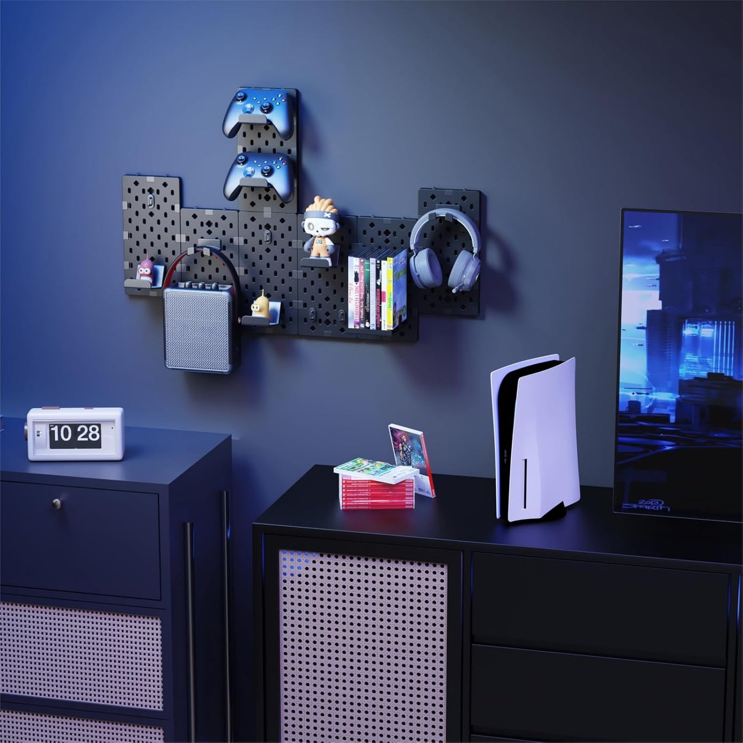 Klndcorner Controller and Headphone Holder Wall Mount, Modular Gaming Pegboard with Accessories, Controller Stand for Xbox PS5 PS4 Switch, Video Game Storage, Disc Shelf Organizer, 7pcs Pegboard, Black