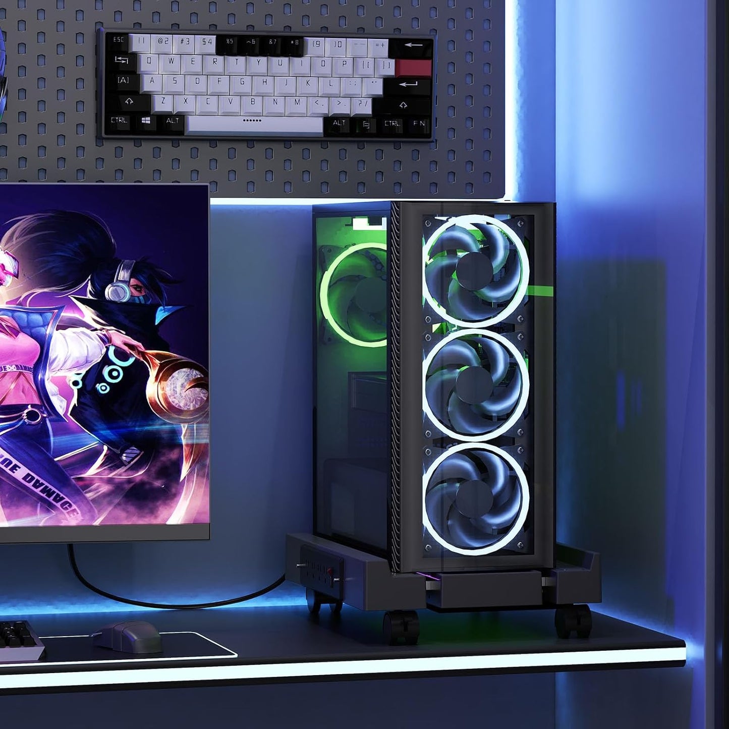 Klndcorner Adjustable Computer Tower Stand with Charging Station, PC Stand for Floor, Mobile CPU Holder with 4 Caster Wheels Fits Most PC Tower, Under Desk CPU Holder for Office,Gamers and Students