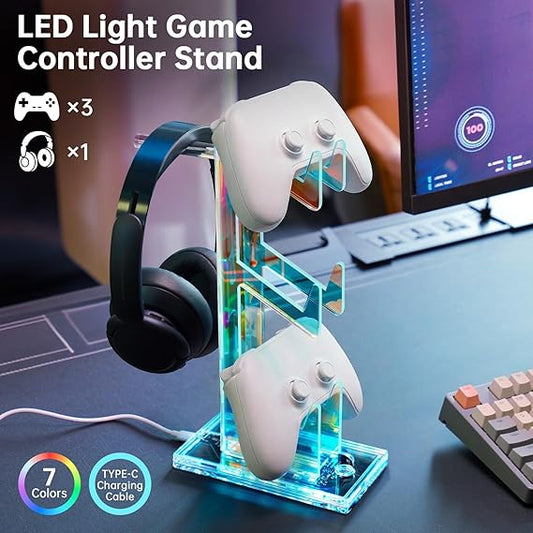 Klndcorner Iridescent Acrylic Multi-Tier Game Controller & Headset Holder Stand with Customizable LED Lighting, USB-Powered 7 Colors & 3 Modes, Anti-Slip Gaming Desk Organizer & Cable Management (3 Tiers)