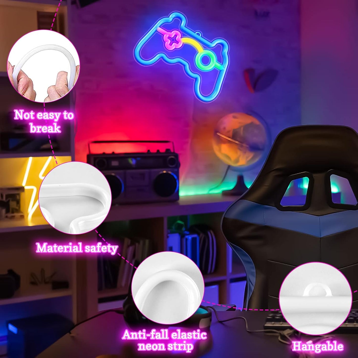 Klndcorner Gamer Neon Sign, Gamepad Controller Shape - USB/Battery Powered LED Wall Light for Gaming Room Decor, Retro Arcade Gifts for Teens Boys Kids