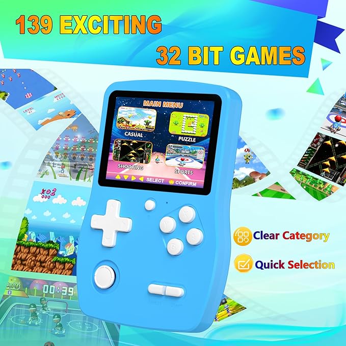 Klndcorner 32 Bit Handheld Games for Kids Preloaded 139 Video Games, Portable Video Gaming Player with 3.0" IPS Screen and Rechargeable Battery, Mini Travel Games Electronic Gifts Toys for Boys Girls, Blue