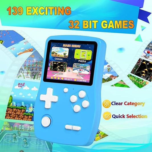 Klndcorner 32 Bit Handheld Games for Kids Preloaded 139 Video Games, Portable Video Gaming Player with 3.0" IPS Screen and Rechargeable Battery, Mini Travel Games Electronic Gifts Toys for Boys Girls, Blue