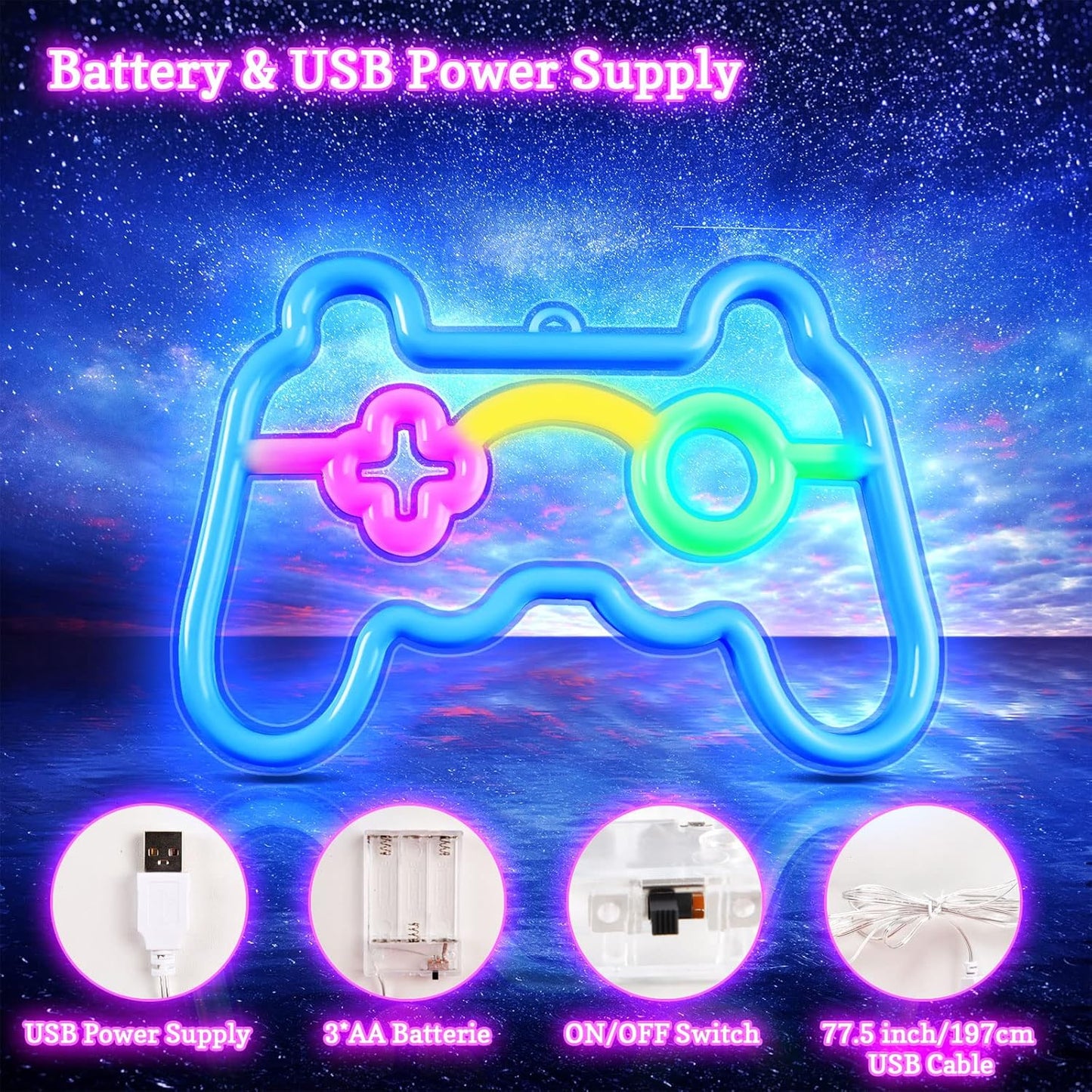 Klndcorner Gamer Neon Sign, Gamepad Controller Shape - USB/Battery Powered LED Wall Light for Gaming Room Decor, Retro Arcade Gifts for Teens Boys Kids
