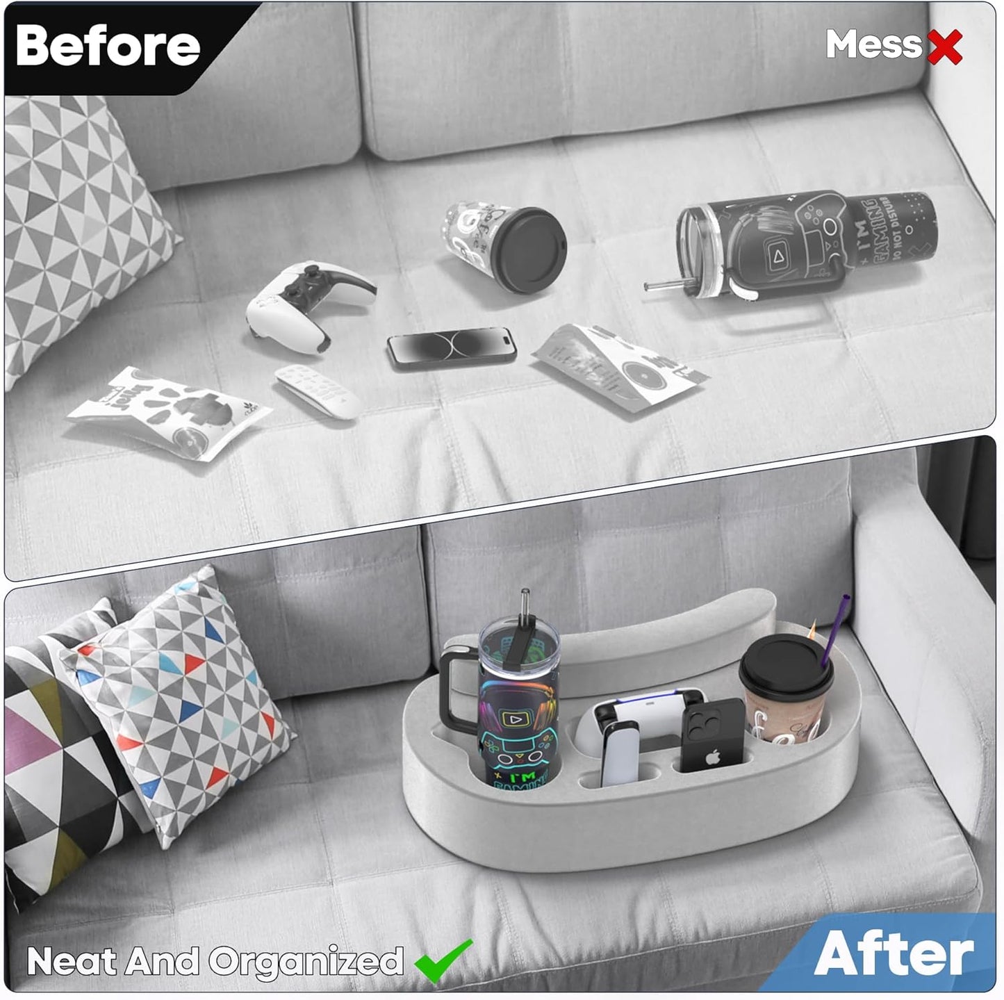 Klndcorner Couch Cup Holder Pillow Tray with 6 Slots, Gaming Pillow Couch Cupholder Tray with Armrest Cushion, Couch Caddy & Buddy with Drink, Controller, Remote, Phone Holder, Gaming Snack Holder