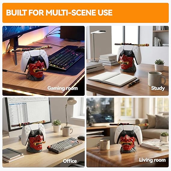 Klndcorner Gaming Controller Holder Stand Accessories: Samurai Warrior Mask Stand for PS5 Xbox Switch & Headsets, Resin Multi-Device Gaming Stand Desktop Organizer & Unique Gamer Gift
