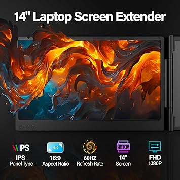 Klndcorner Upgraded Laptop Screen Extender Monitor Portable, 14.1" 1080P FHD IPS Screen, Monitor Extender for Laptop, Fit for 13-17", Plug & Play Compatiable with Windows/Mac/Chrome/Android
