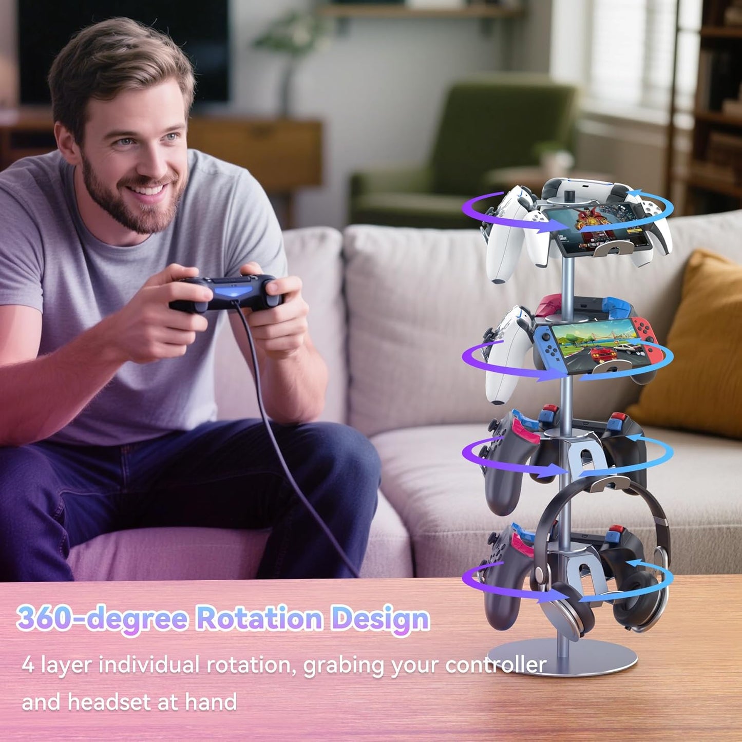 Klndcorner 4 Tiers 360 Degree Rotatable Game Controller Stand for PS5 Xbox Nintendo Switch PS4, Aluminum Alloy Headset Controller Holder for Desk, Universal Gaming Headphone Stand Organizer Rack, Grey