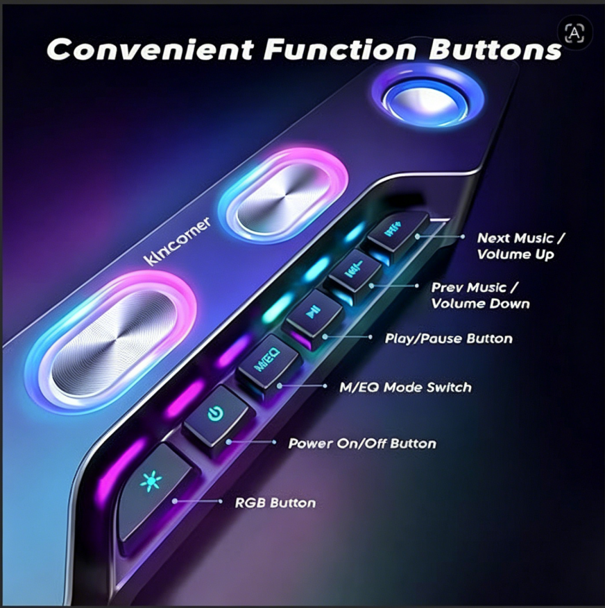 klndcorner PC Speakers for Desktop, Bluetooth Computer Speakers Wireless for Gaming, Streaming, Party, E-Sport, RGB Loudspeaker with Aux-in Audio Jack, Controllable RGB, Volume Button A16 Black