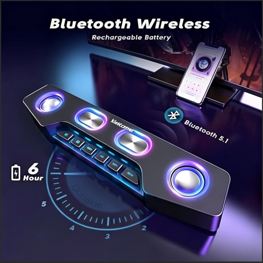 klndcorner PC Speakers for Desktop, Bluetooth Computer Speakers Wireless for Gaming, Streaming, Party, E-Sport, RGB Loudspeaker with Aux-in Audio Jack, Controllable RGB, Volume Button A16 Black